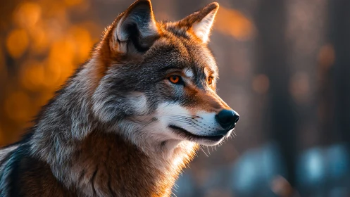 Close-up wolf portrait with warm forest bokeh background.