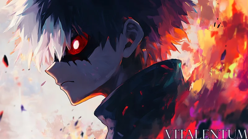 Brooding anime antihero stands in blazing, fractured light