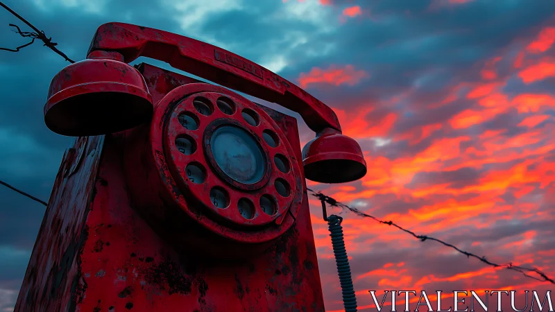 Weathered red rotary telephone contrasts against saturated sunset sky