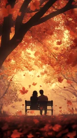 Two people on bench under autumn tree canopy