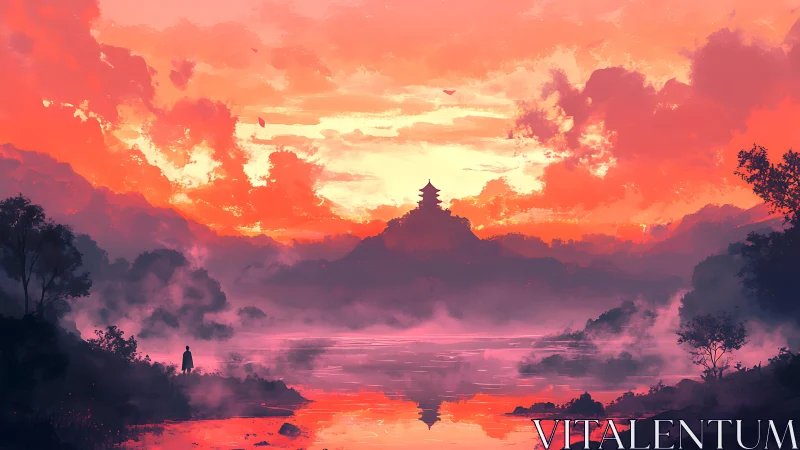 Sunset temple across the misty lake invites quiet wonder.