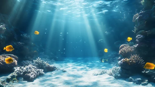 Sunlit tropical reef scene with yellow fish and corals.