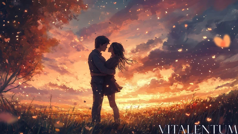 Two figures standing in field beneath dramatic sunset sky with particle effects