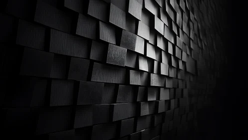 Dark geometric relief wall renders staggered cubic surfaces in perspective