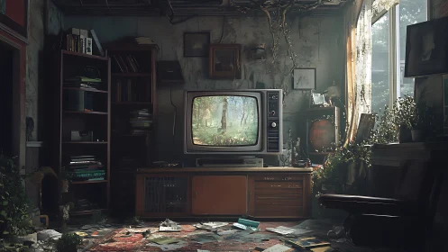 Decaying retro living room with CRT television and invasive foliage.