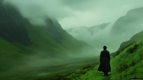 Solitary figure walks through misted green mountain valley