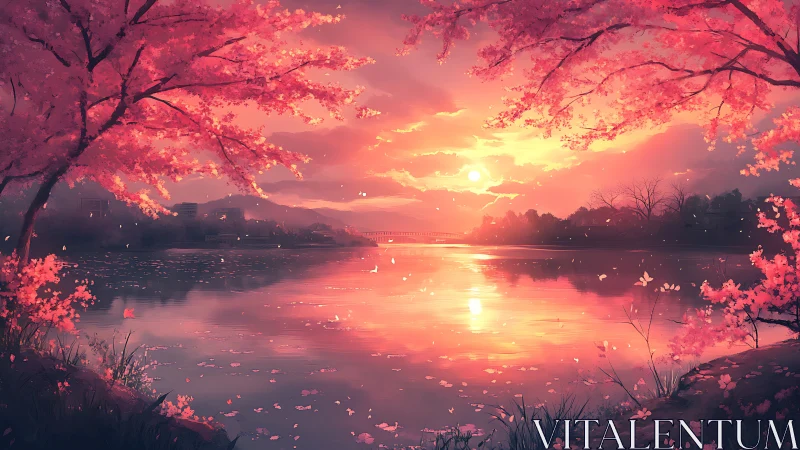 Sunset over calm river framed by pink blossom trees.
