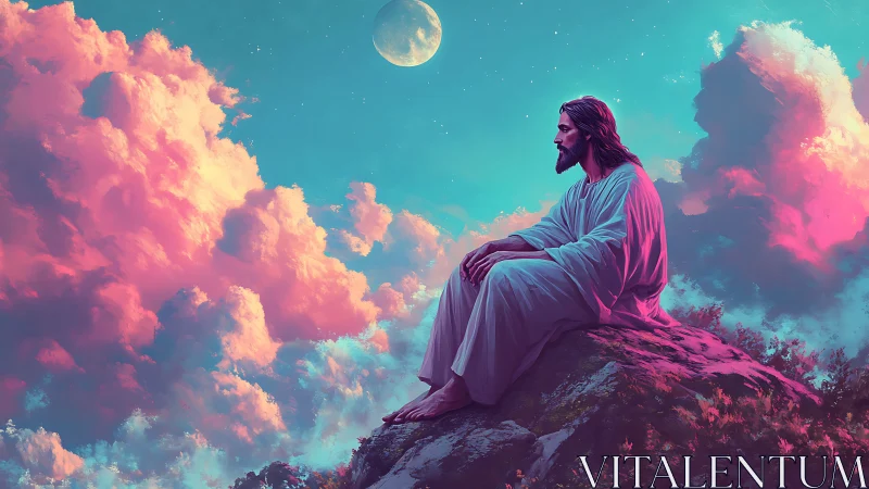 Serene robed figure on moonlit ridge under neon clouds.