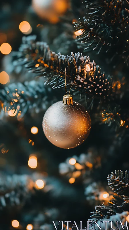 Metallic ornament on evergreen branch with blurred lights.