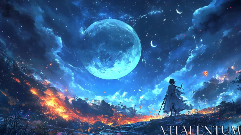 Moonlit swordsman striding between starfire and shadowed sky.