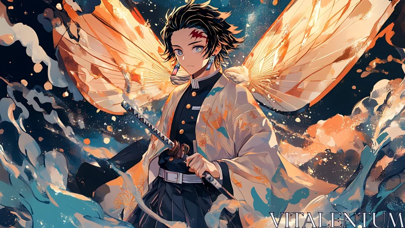 Anime swordsman with ethereal butterfly wings and water effects