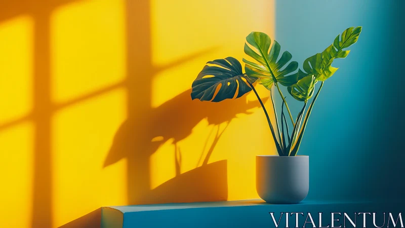 Monstera houseplant under bicolor window light geometry.