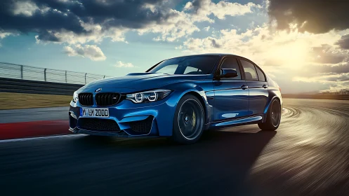 Blue BMW sports sedan powers through sunlit racetrack corner