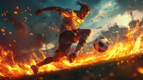 Blazing striker launches a fire-kissed shot through chaos.