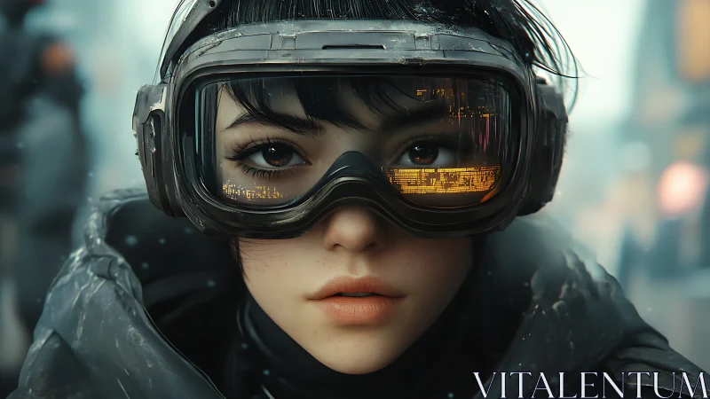 Cybernetic scout in frost-lit street, reflective HUD goggles focus