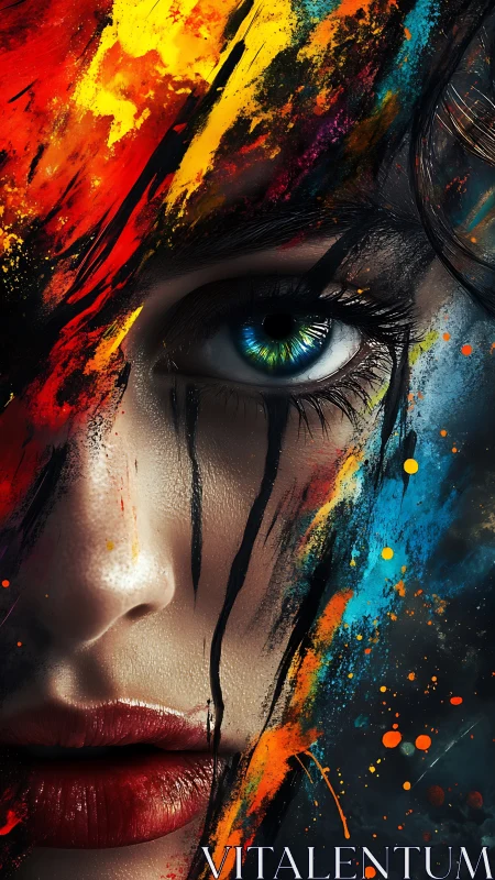 Intense female portrait with vivid splattered paint overlay
