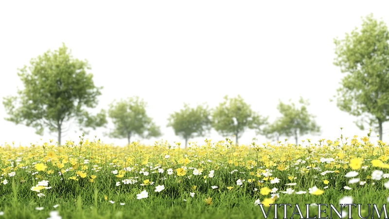 Meadow daydream under hazy sky and soft marching trees.