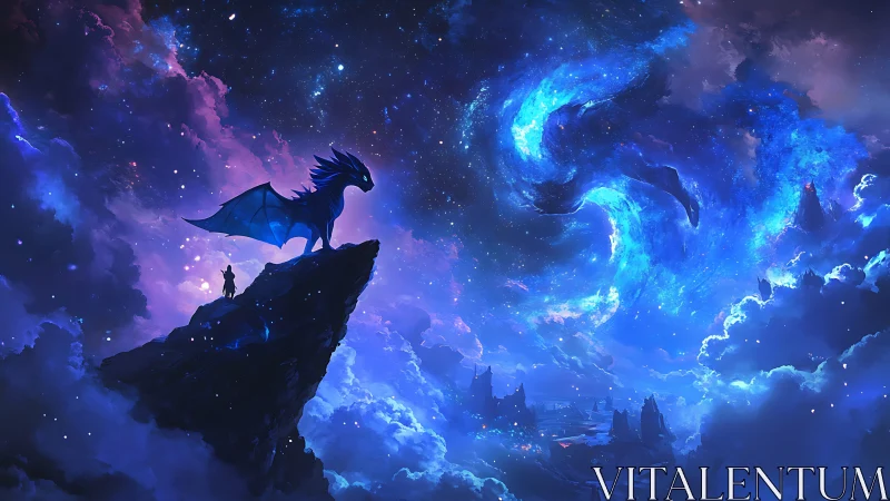 Stellar dragon and lone rider survey a swirling cosmic sky.