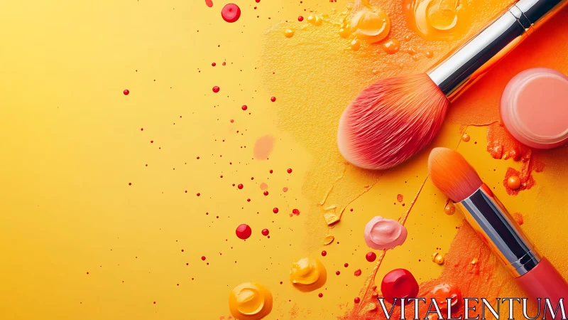 Makeup brushes on bright yellow background with splashes.