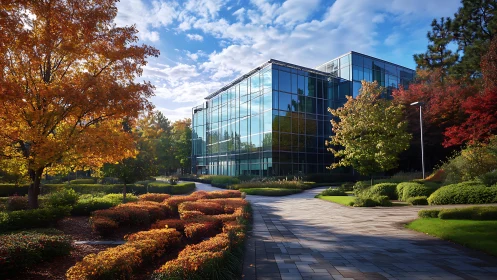 Glass office garden glows beneath drifting autumn light.