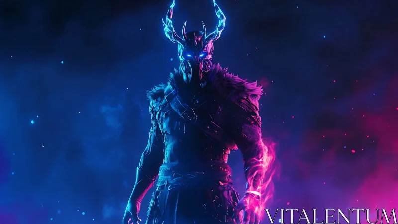 Mystical horned warrior glowing in electric pink and blue light.