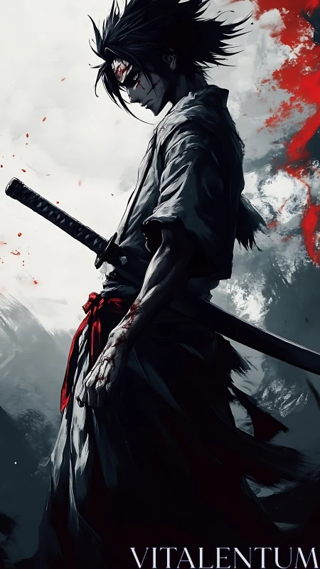 Resolute anime swordsman pausing between storm and silence.