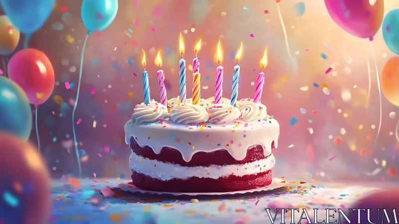 Luminous Birthday Cake with Spiral Candles and Confetti Celebration