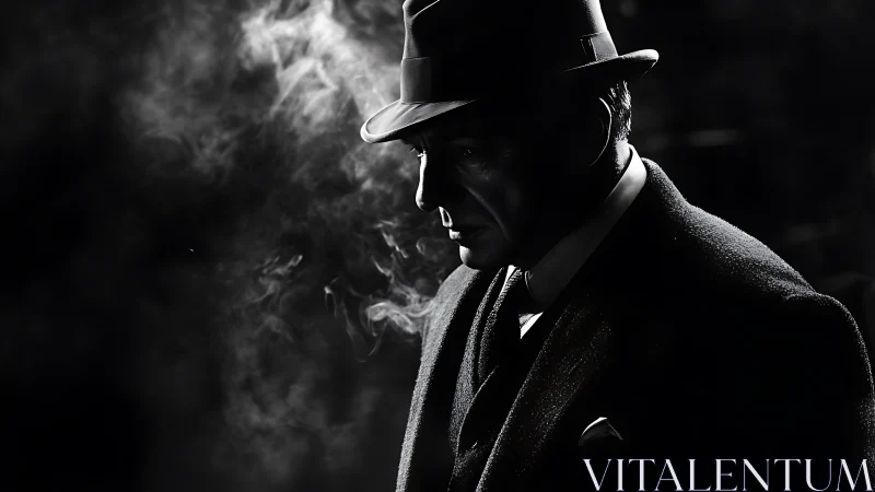 Man in fedora stands in harsh sidelight amid drifting smoke