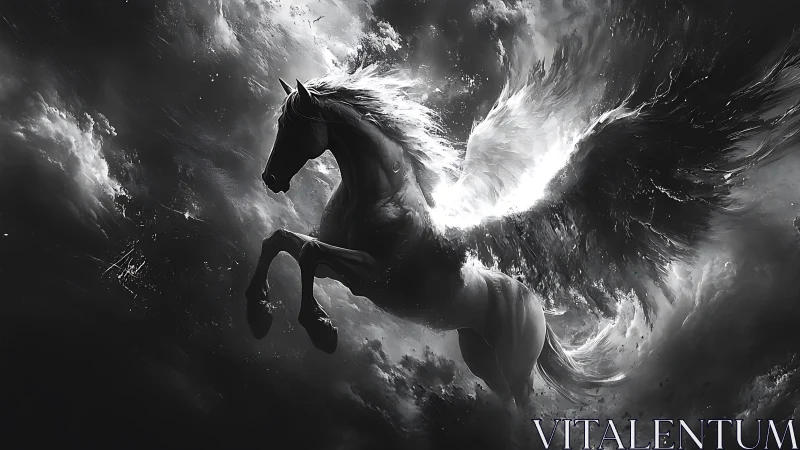 Winged stallion erupts through storm-torn monochrome sky.