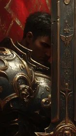 Armored warrior bows in solemn reflection beside gilded blade.