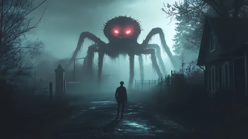 Backlit fog silhouette confronts towering red-eyed arachnid entity