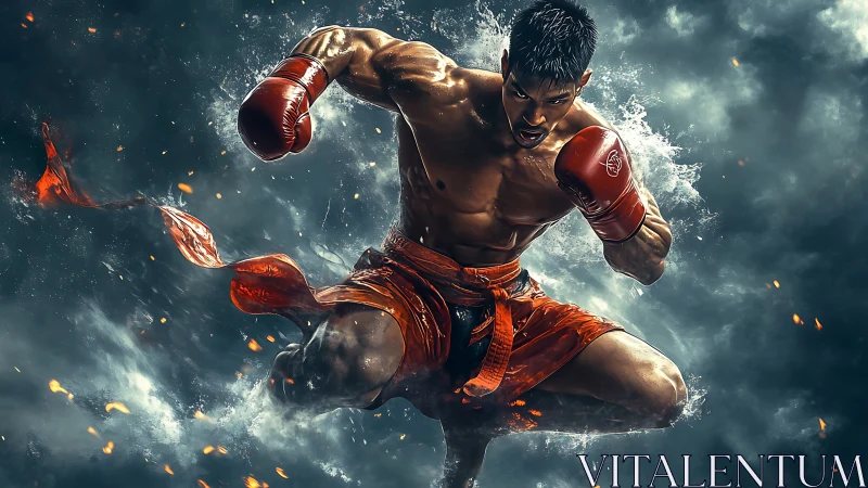 Dynamic Muay Thai fighter in explosive action composition.
