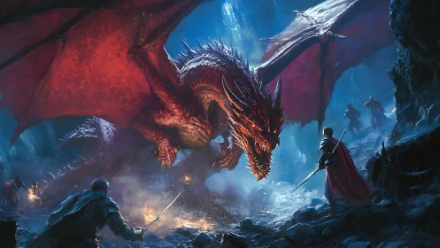 Fire dragon confronts armored warriors in icy cavern showdown.