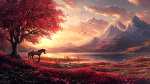 Autumn lake valley sunset with lone horse under crimson tree