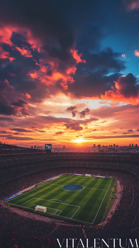 Sunset-lit football stadium under dramatic painted sky.