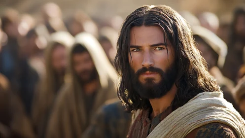 Bearded teacher in desert crowd with cinematic lighting.