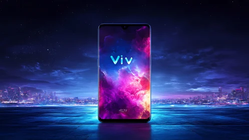 Viv Smartphone with Cosmic Neon Wallpaper Display.