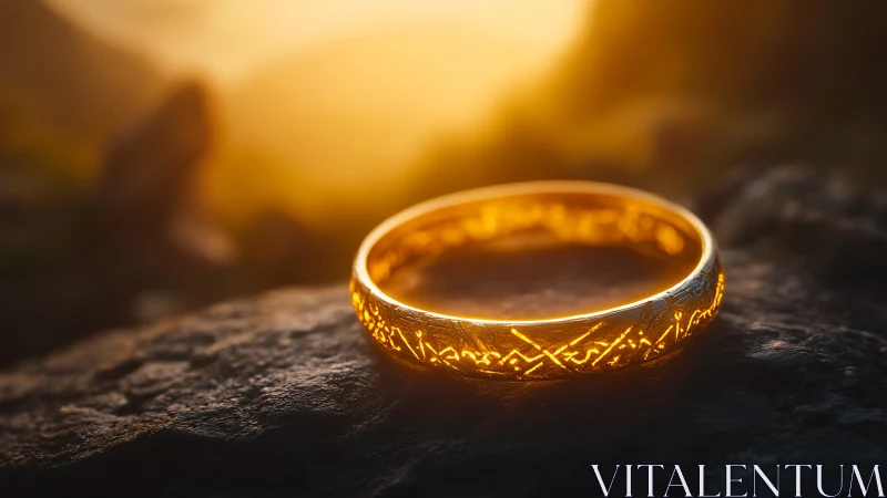 Macro closeup of engraved golden ring on rock at sunset