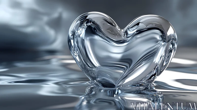 Crystal heart sculpture on reflective liquid surface, modern style. Crystal heart sculpture on reflective liquid surface, modern style.