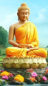 Peaceful Buddha in golden robes on a tranquil lotus seat.