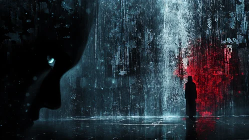 Cyberpunk rain corridor with cloaked silhouette and watcher.