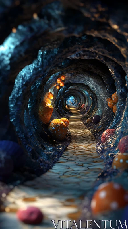 Tunnel interior shows glowing fungi along winding stone path