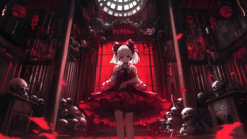 Crimson doll queen stands amid skullbound crimson cathedral.