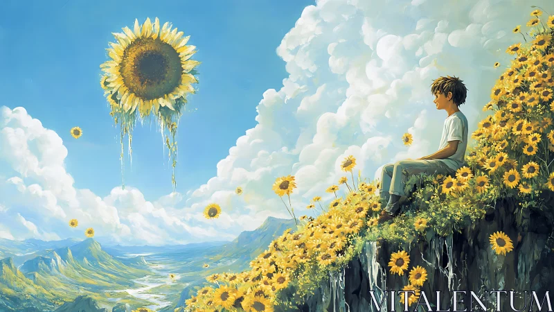 Solitary boy on cliffside sunflower field under surreal sky