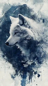 Digital painting profile of white wolf in abstract ink field.