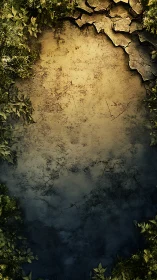 Weathered cracked wall with peripheral foliage and graded lighting