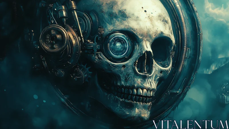 Cyborg skull rendered with mechanical optics and gears
