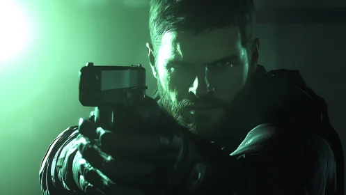 Steely agent aiming pistol under harsh neon green light.