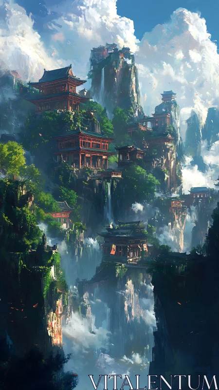 Vertical mountain temples rising through luminous cloud strata.