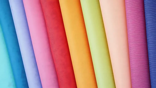 Colorful fabric rolls form diagonal spectrum gradient rows.